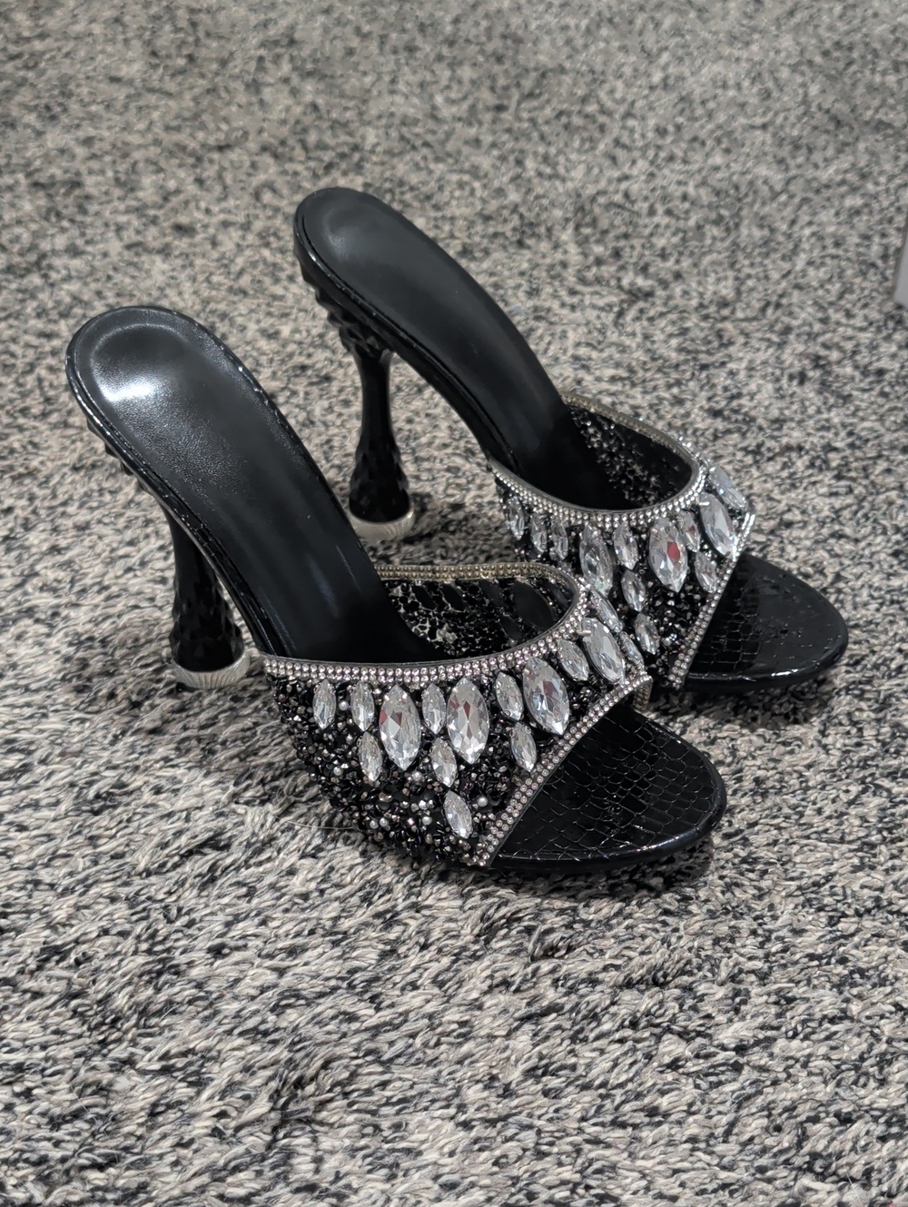 Black Jeweled Pineapple Bottom High Heel Slide Sandals - Women